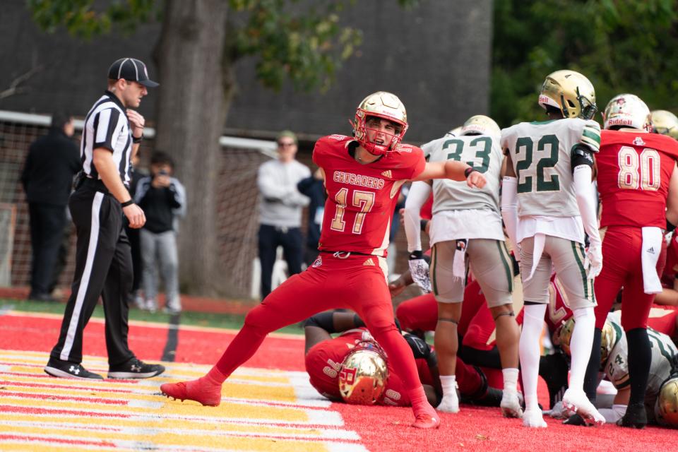 Dominic Campanile (17) of Bergen Catholic celebrates after a touchdown in the 2nd quarter of a football game between Bergen Catholic High School and St. Joseph Regional High School at Bergen Catholic High School in Oradell on Sunday, October 15, 2023.