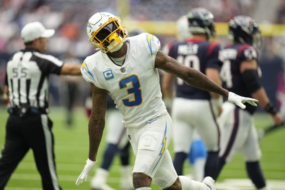 Chargers safety Derwin James Jr. (3) celebrates a stop against the Houston Texans.