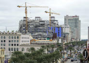 This aerial photo shows the Hard Rock Hotel, which was under construction, after a fatal partial collapse in New Orleans on Saturday, Oct. 12, 2019. (Chris Granger/The Advocate via AP)