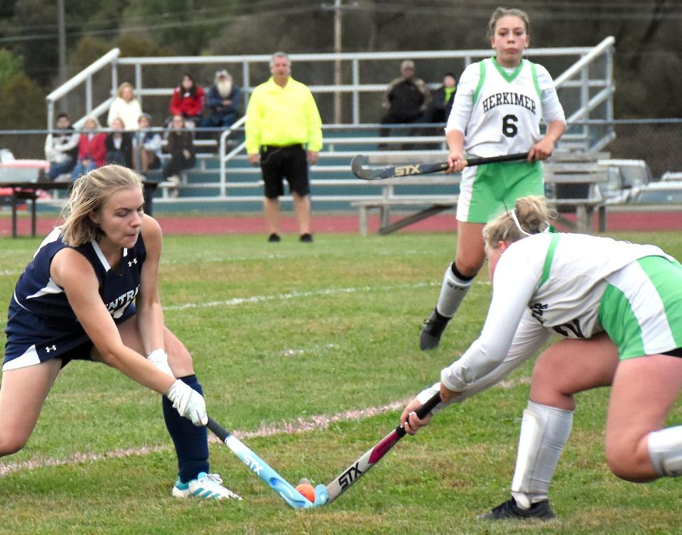 Central Valley Academy's Hanna DeLuca battles a Herkimer player for control of the ball in overtime Thursday at the Herkimer Elementary School field complex.