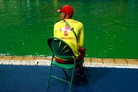 <p>A lifeguard sits by the edge of the diving pool at Maria Lenk Aquatics Centre on Day 4 of the Rio 2016 Olympic Games at Maria Lenk Aquatics Centre on August 9, 2016 in Rio de Janeiro, Brazil. (Photo by Adam Pretty/Getty Images) </p>