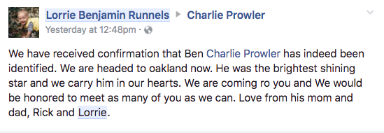 Screenshot of a Facebook post by Ben Runnel's mother, confirming that he was among those killed in the Oakland warehouse fire. (Lorrie Benjamin Runnels‎ via Facebook)