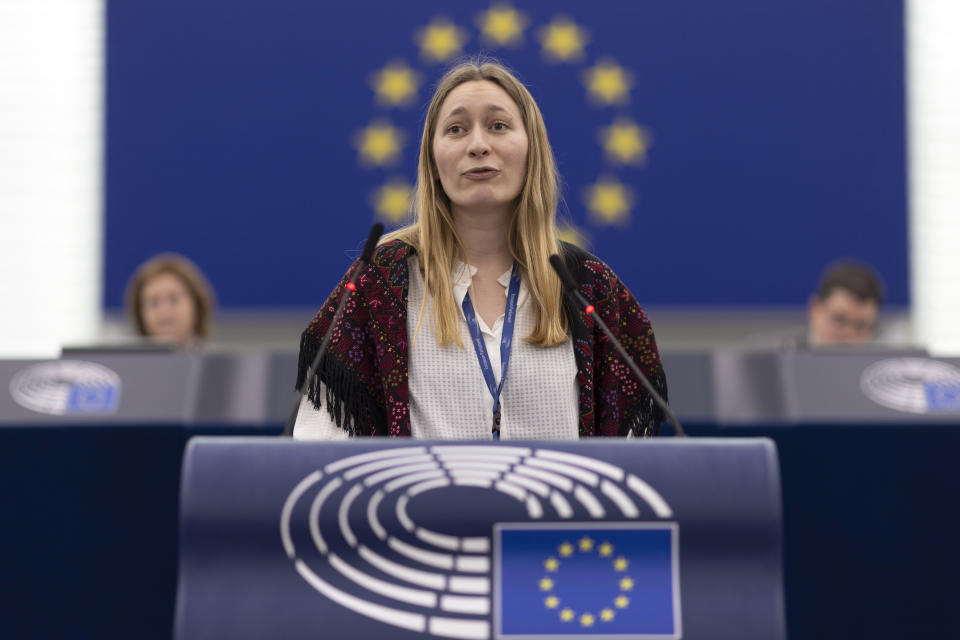 Kira Marie Peter-Hansen, a Danish Green parliament member, speaks at European parliament, Tuesday Feb. 27, 2024 in Strasbourg, eastern France. In the June 6-9 polls, teens as young as 16 will be allowed to vote in some of the 27 member states. (AP Photo/Jean-Francois Badias)