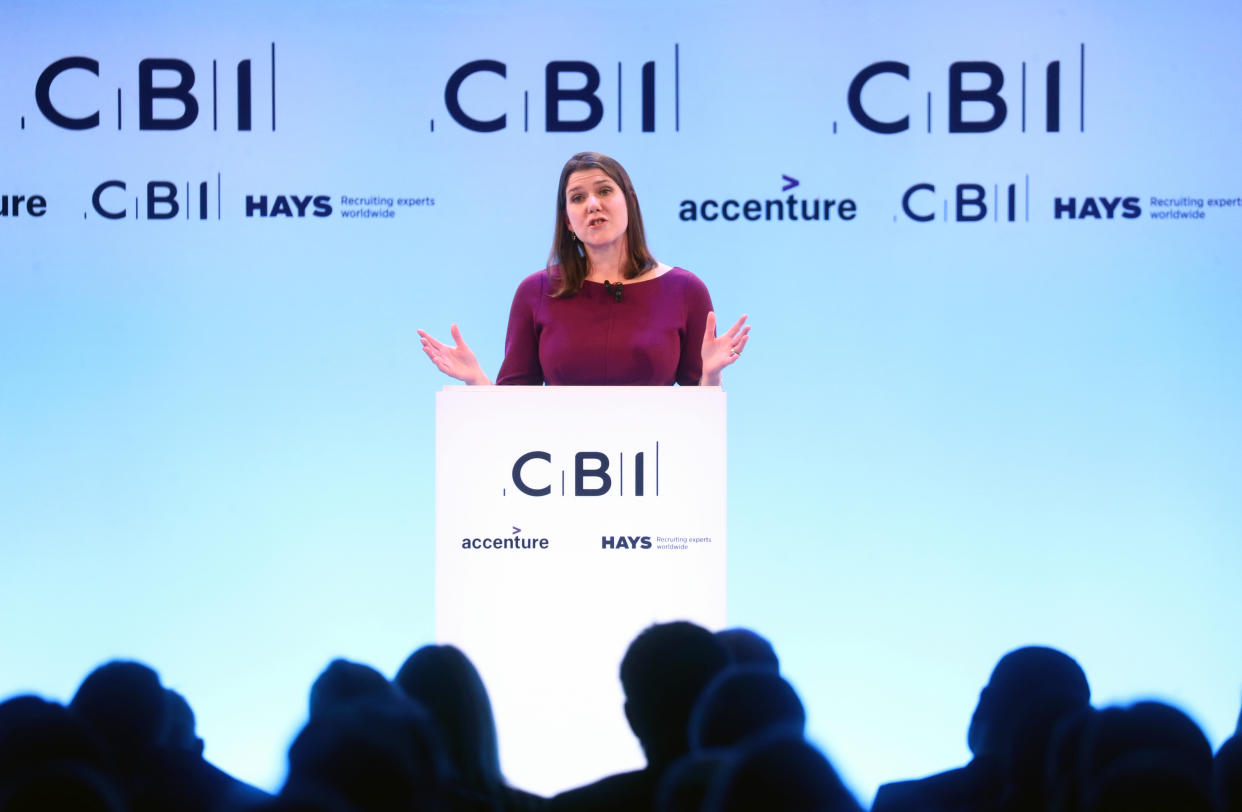 Britain's Liberal Democrat leader Jo Swinson speaks at the annual CBI Conference in London, Britain November 18, 2019. REUTERS/Simon Dawson