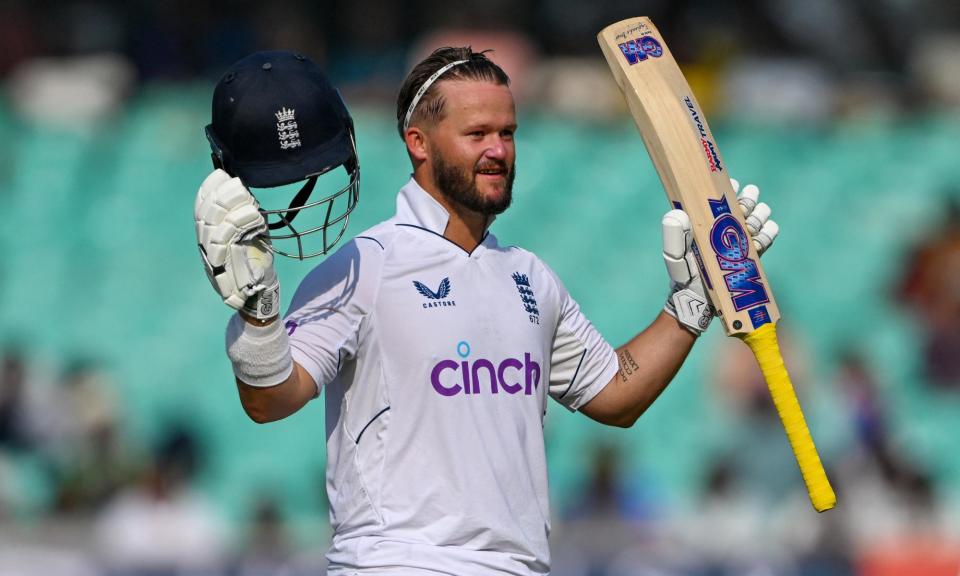 <span>Ben Duckett celebrates scoring his century for England against India.</span><span>Photograph: Punit Paranjpe/AFP/Getty Images</span>