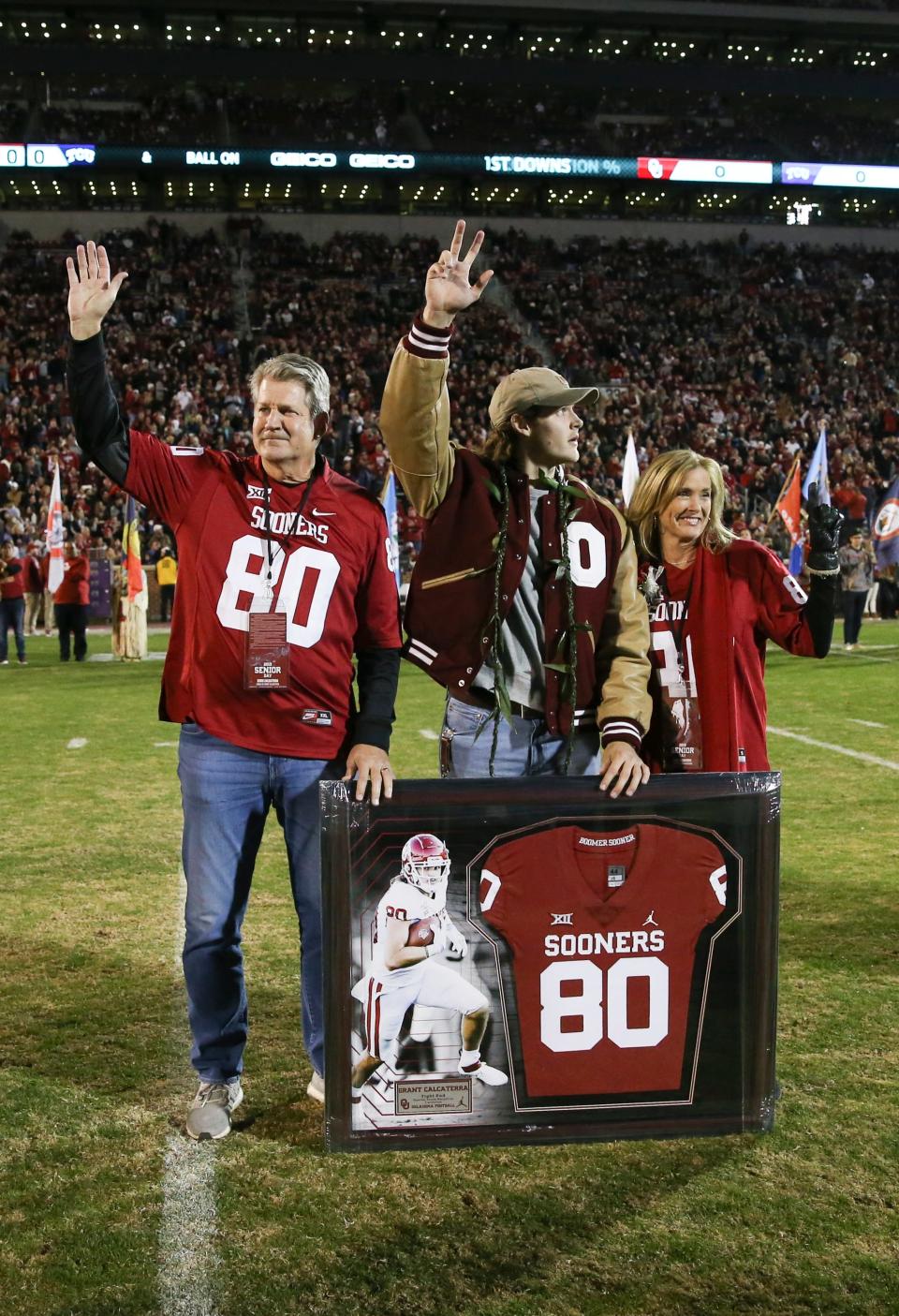 Grant Calcaterra (80) participated in Oklahoma's senior night in 2019 when he thought he was going to retire.