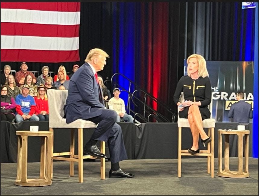 Former President Donald Trump speaks in a pre-recorded town hall at the Greenville Convention Center, located at 1 Exposition Drive, for an episode of The Ingraham Angle with Fox News’ Laura Ingraham. That episode will be broadcast at 7 p.m. Tuesday, Feb. 20.