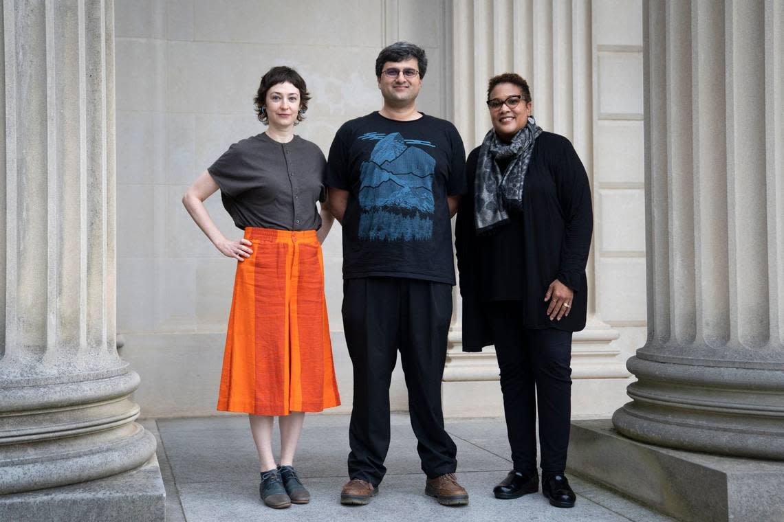 N.C.-based Wikipedia editors Emily Jack, Gaurav Vaidya and Danielle Colbert-Lewis pose for a portrait in Chapel Hill, N.C. on Thursday, Aug. 11, 2022.