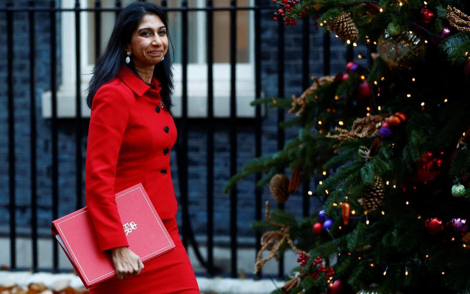 Suella Braverman, the Home Secretary, is pictured in Downing Street this morning - Peter Nicholls/Reuters