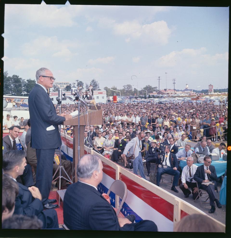 The 1964 GOP presidential candidate Barry Goldwater speaking at a rally.