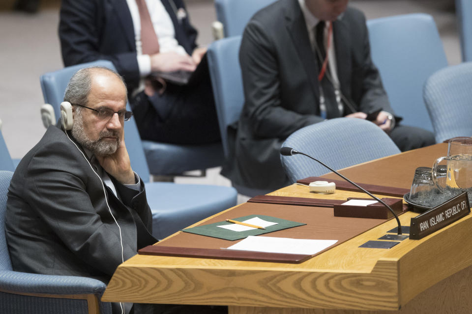 Iranian Deputy Ambassador to the United Nations Eshagh Al-Habib listens during a Security Council meeting on Iran's compliance with the 2015 nuclear agreement, Wednesday, Dec. 12, 2018, at United Nations headquarters. (AP Photo/Mary Altaffer)