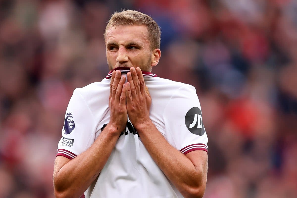 Dejected: Tomas Soucek gave a performance to forget for West Ham against Liverpool at Anfield (Getty Images)