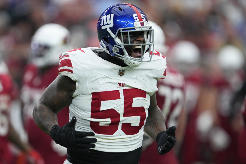 New York Giants linebacker Jihad Ward (55) celebrates after a play against the Arizona Cardinals during the second half of an NFL football game, Sunday, Sept. 17, 2023, in Glendale, Ariz. (AP Photo/Matt York)