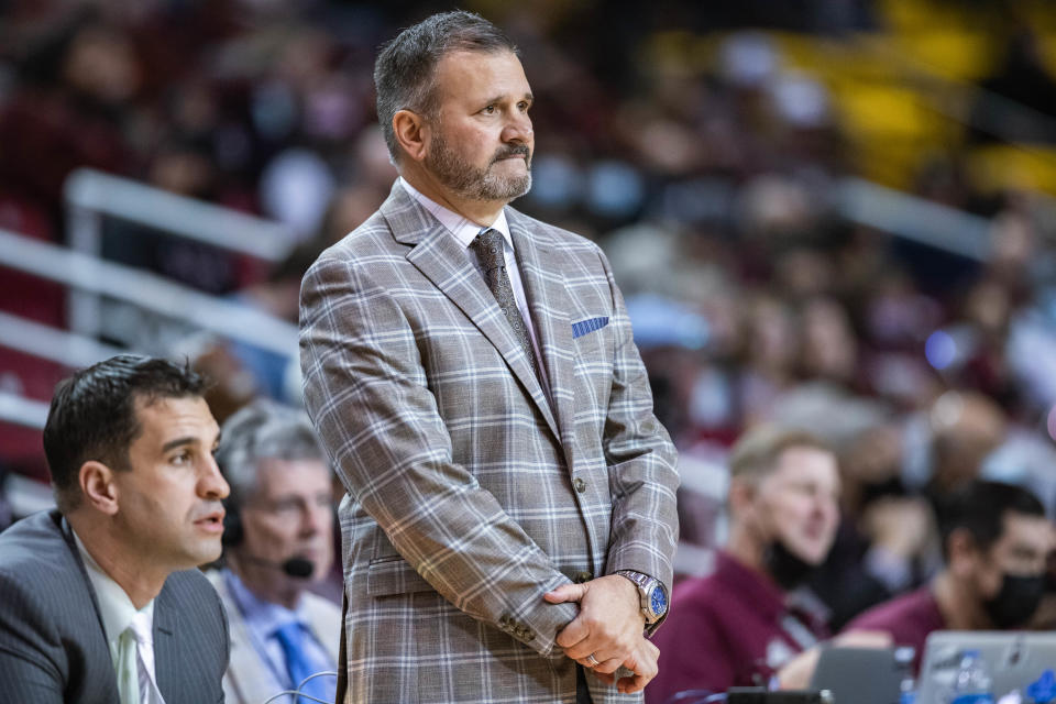 Head coach Chris Jans stands on the sidelines as the New Mexico State Aggies face off against the Abilene Christian Wildcats at the Pas American in Las Cruces on Saturday, Jan. 15, 2022.