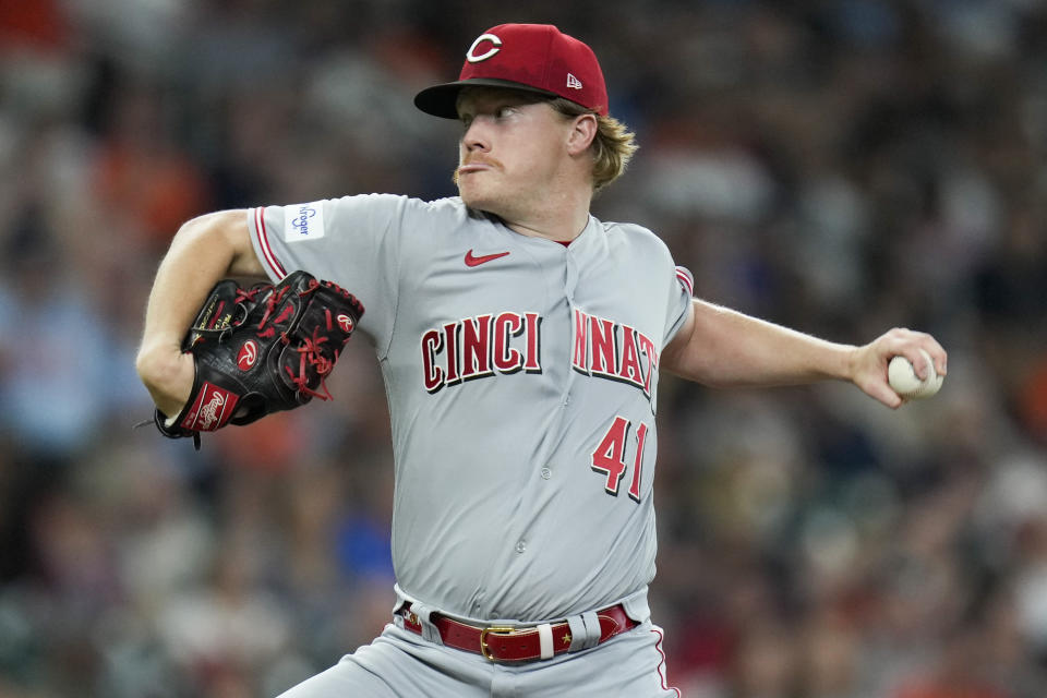 Cincinnati Reds starting pitcher Andrew Abbott delivers during the first inning of a baseball game against the Houston Astros, Friday, June 16, 2023, in Houston. (AP Photo/Eric Christian Smith)