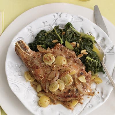 Pork Chops with Onion-Grape Sauce and Kale