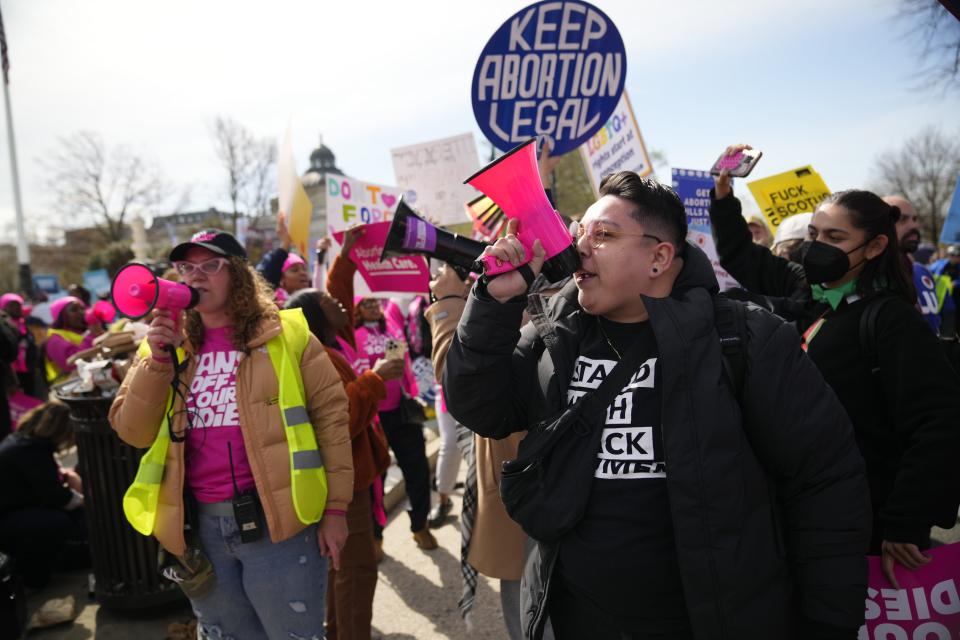 Protesters rally outside the U.S. Supreme Court on March 26, 2024, as justices hear oral arguments over access to mifepristone, a drug used in medication abortions.