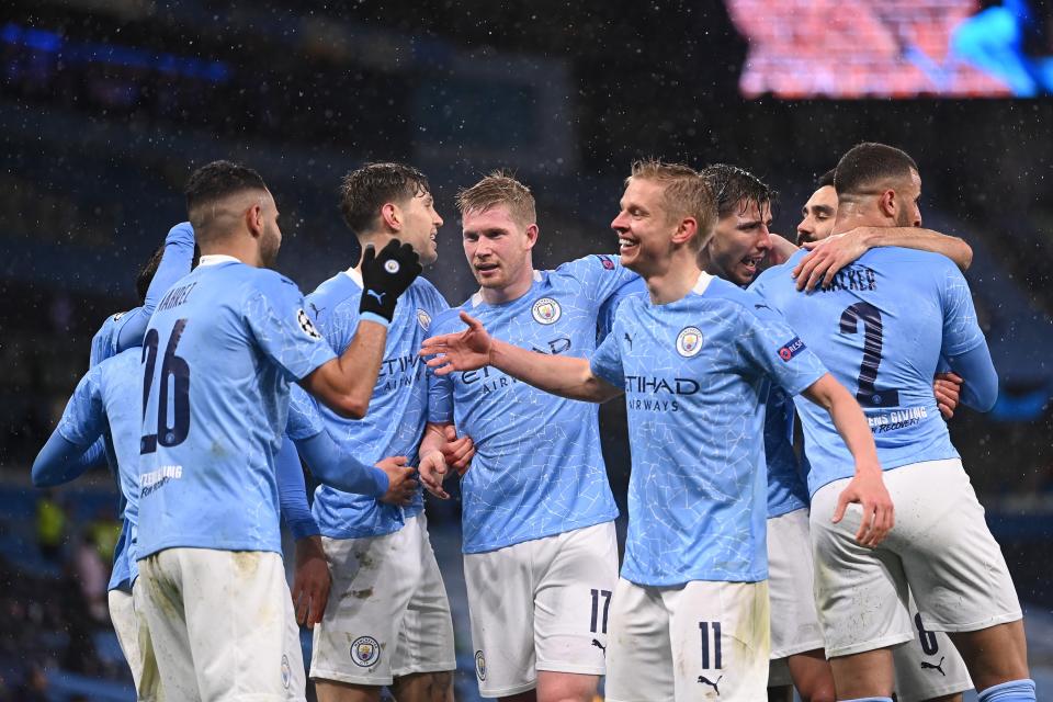 <p>Manchester City’s players celebrate Riyad Mahrez’s second goal</p> (Getty Images)