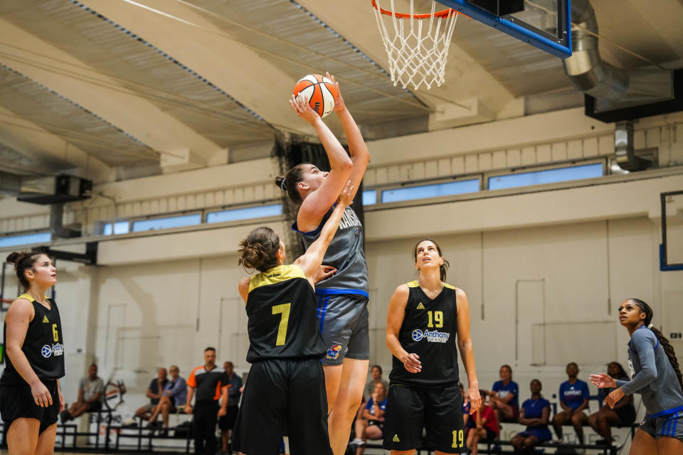 Danai Papadopoulou competes for Kansas women's basketball during its exhibition game in Greece in Aug. 2023.