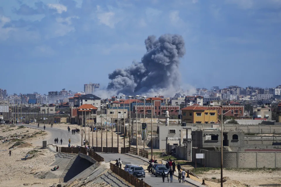 Smoke rises following an Israeli airstrike in the central Gaza Strip, Friday, March 15, 2024. (AP Photo/Abdel Kareem Hana)