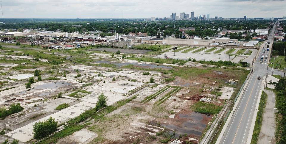The Columbus Castings site, also known for years as Buckeye Steel, has been cleared of all buildings and is awaiting redevelopment in this aerial photo taken June 7.  Parsons Avenue is at right, and the Downtown skyline is visible at the top of the picture.