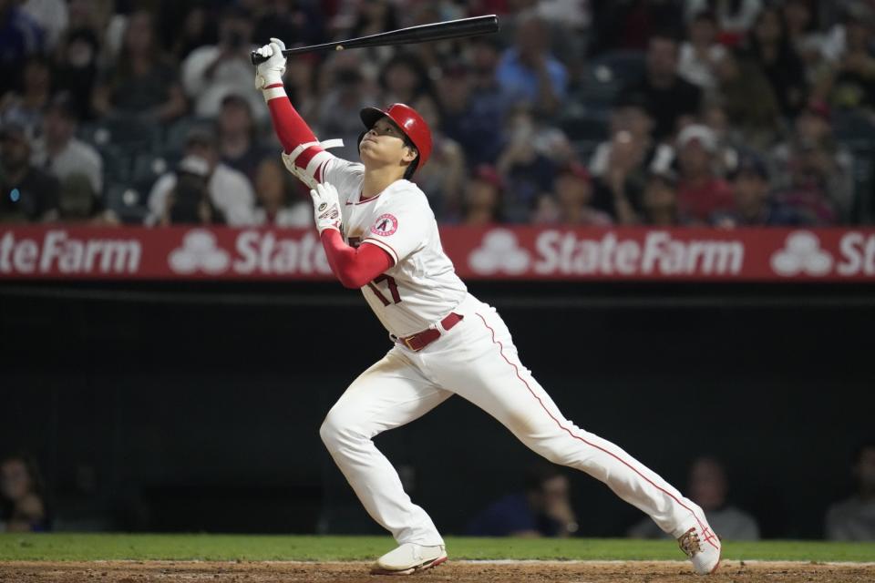 Angels two-way star Shohei Ohtani takes a swing against Boston