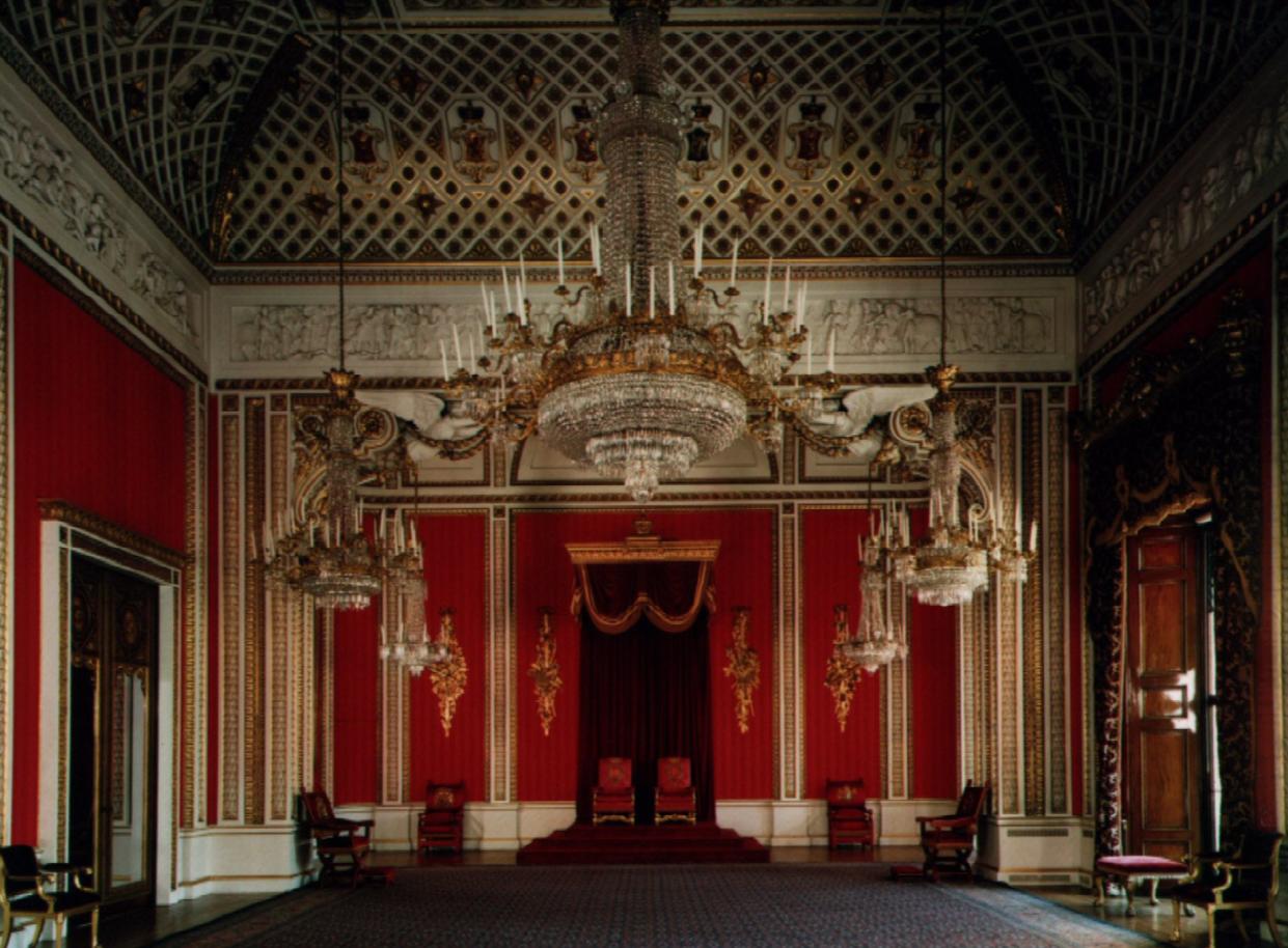 Buckingham Palace put its priceless treasures on display for the first time August 7 as [Queen Elizabeth] opened her London home in a fund-raising drive for royal renovations. Pictured is the Throne Room. *** EDITORS NOTE: Once only publication
