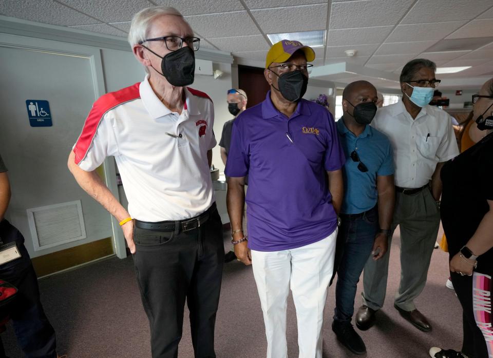 Gov. Tony Evers stands with New Hope Missionary Baptist Church Pastor Archie Ivy on June 15 before heading out to walk the neighborhood from the church on West Roosevelt Drive in Milwaukee. Evers joined community leaders on a walk through the Garden Homes neighborhood while discussing safety and gun violence prevention initiatives.