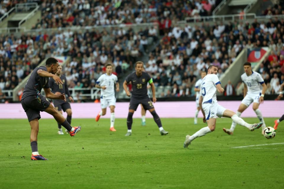 Alexander-Arnold volleys home England’s second goal (The FA via Getty Images)