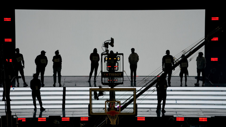 The Vivint Arena is shown during the transformation taking place inside the arena before the start of the NBA basketball All-Star weekend Wednesday, Feb. 15, 2023, in Salt Lake City. More than 60 players are making their way to Salt Lake City for All-Star weekend, some of them for the first time, one of them for the 19th time. And while some events will tout the league's future, many will be celebrating the past.(AP Photo/Rick Bowmer)