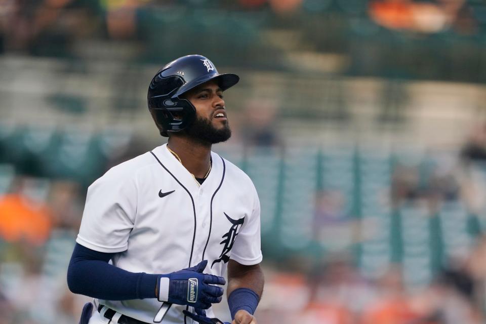 Detroit Tigers' Willi Castro heads to first on a base on balls during the third inning of a baseball game against the Toronto Blue Jays, Saturday, Aug. 28, 2021, in Detroit.