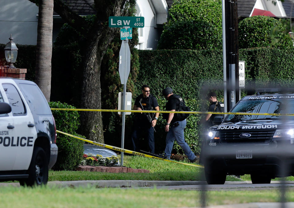 <p>Police investigate the scene of a shooting along Wesleyan at Law Street that left multiple people injured and the alleged shooter dead, Monday morning, Sept. 26, 2016, in Houston. (Mark Mulligan/Houston Chronicle via AP) </p>