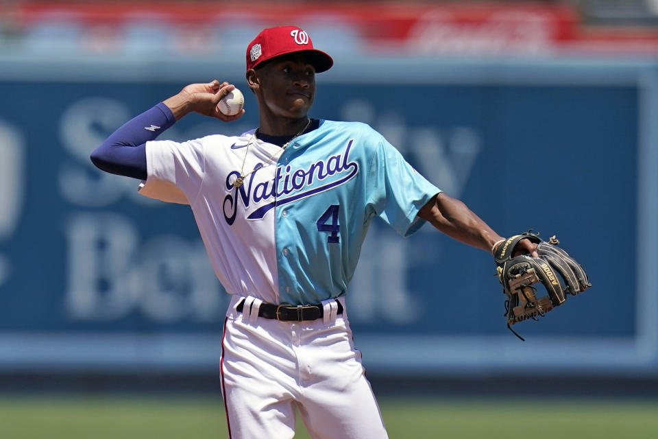 Darren Baker, of the Washington Nationals, warms up before the MLB All-Star Futures baseball game, Saturday, July 16, 2022, in Los Angeles. (AP Photo/Jae C. Hong )