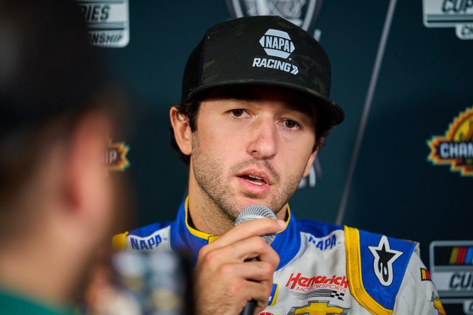 Nov 3, 2022; Phoenix, AZ, USA; Chase Elliott, the driver of the NASCAR Cup Series No. 9 Hendrick Motorsports Chevrolet speaks to the media during the NASCAR media day at Phoenix Convention Center on Thursday, Nov. 3, 2022 ahead of the championship races at Phoenix International Raceway. Mandatory Credit: Alex Gould/The Republic