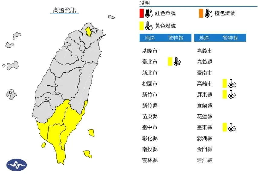 <strong>熱浪襲捲台灣！受到西南風影響，氣象署針對全台「4縣市」發布高溫黃色燈號。（圖／氣象署）</strong>