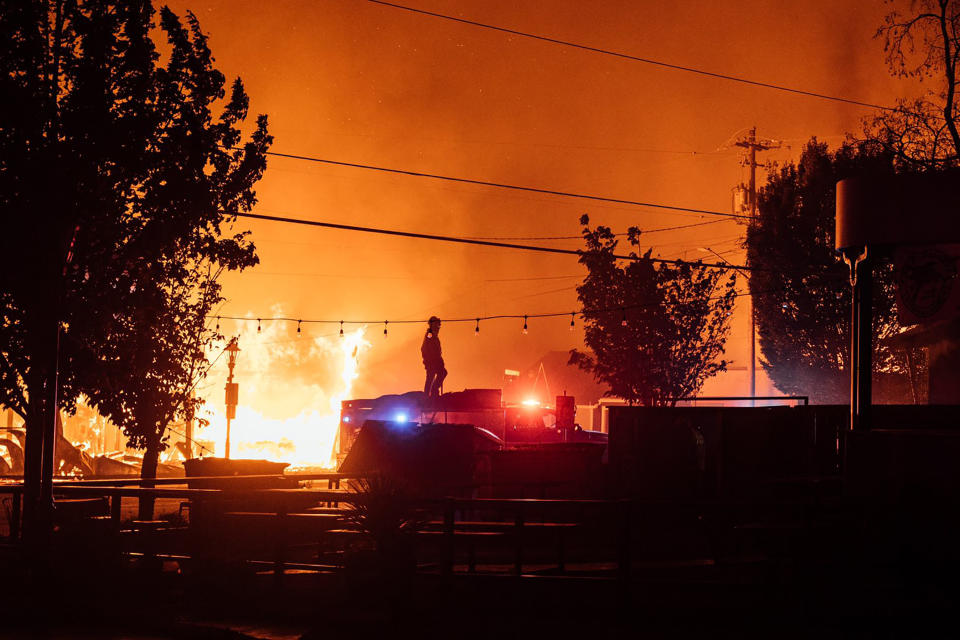 This photo taken by Talent, Ore., resident Kevin Jantzer shows the destruction of his hometown as wildfires ravaged the central Oregon town near Medford late Tuesday, Sept. 8, 2020. (Kevin Jantzer via AP)