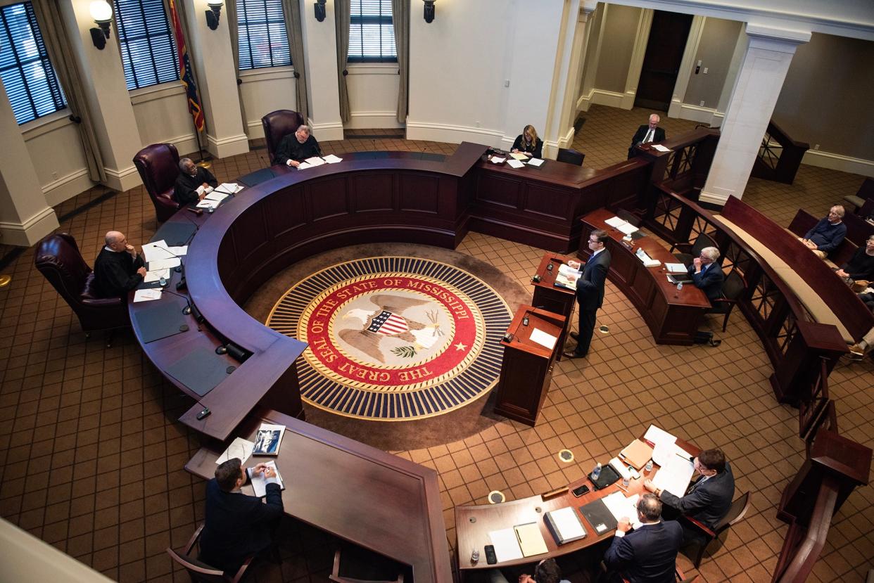 Will Bardwell, Democracy Forward attorney, speaks during the oral arguments for Midsouth Association of Independent Schools et. al. vs. Parents for Public Schools at the Mississippi Supreme Court in Jackson on Tuesday, Feb. 6, 2024. On May 2, the Court ruled in favor of MAIS, allowing federal funds to support private school infrastructure development. (Credit: Lauren Witte/Clarion Ledger File Photo)