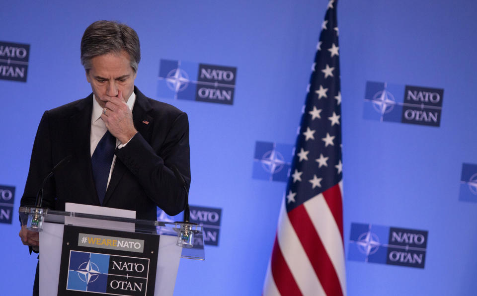 U.S. Secretary of State Antony Blinken speaks during a media conference prior to a meeting of NATO foreign ministers at NATO headquarters in Brussels on Tuesday, March 23, 2021. (AP Photo/Virginia Mayo, Pool)