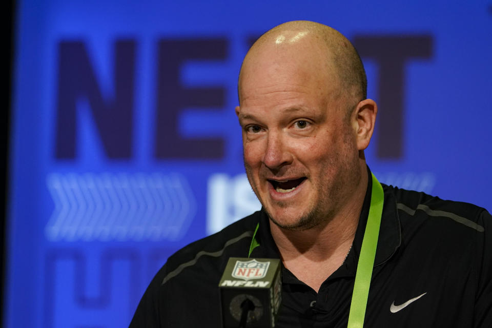 Denver Broncos head coach Nathaniel Hackett speaks during a press conference at the NFL football scouting combine in Indianapolis, Tuesday, March 1, 2022. (AP Photo/Michael Conroy)