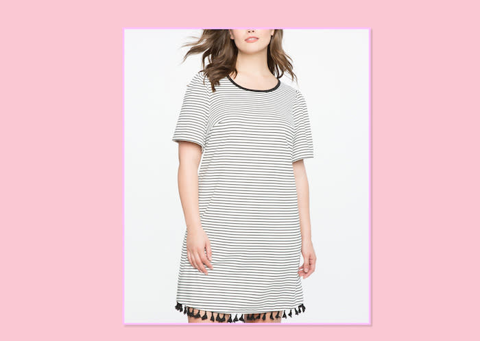 <p>If shorts aren’t your thing, have no fear! This Kimye-inspired trend is super-comfortable and easy to wear, and it comes in a range of hues and the occasional cutout rocker print. <br>Striped Tee Dress With Tassel Hem, $100, <a rel="nofollow noopener" href="http://www.eloquii.com/striped-tee-dress-with-tassel-hem/1234777.html?q=stripes&prefn1=sizeFamily&start=3&dwvar_1234777_colorCode=150&prefv1=18" target="_blank" data-ylk="slk:Eloquii;elm:context_link;itc:0;sec:content-canvas" class="link ">Eloquii</a> </p>