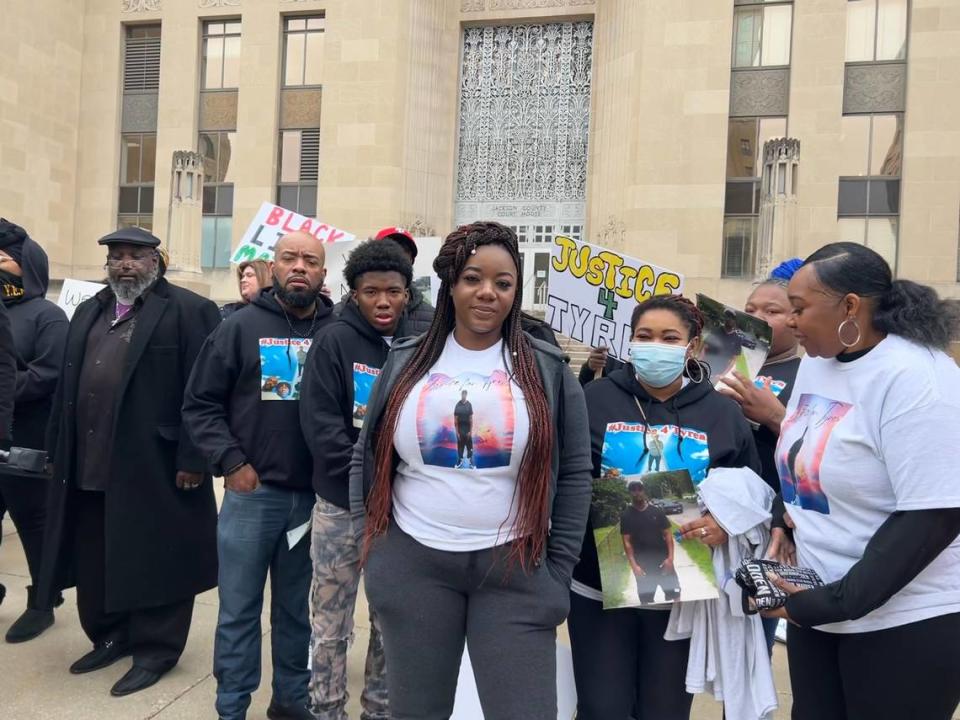 Loved ones of Tyrea Pryor, a Black man killed by Independence police, stood in front of the Jackson County Courthouse on March 23, 2023, to criticize prosecutors’ decision not to charge the officers..