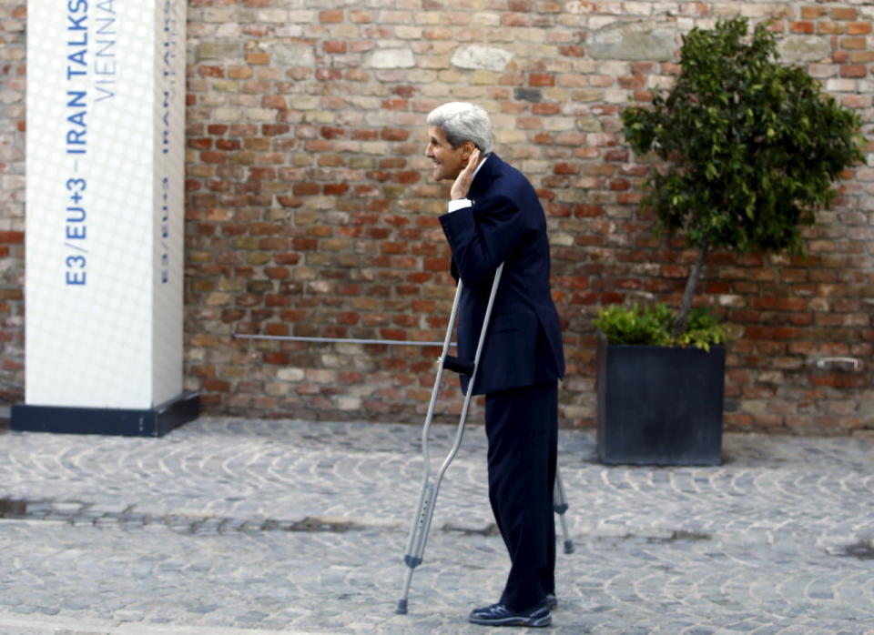 July 9, 2015 — Kerry with crutches at Iran nuclear talks