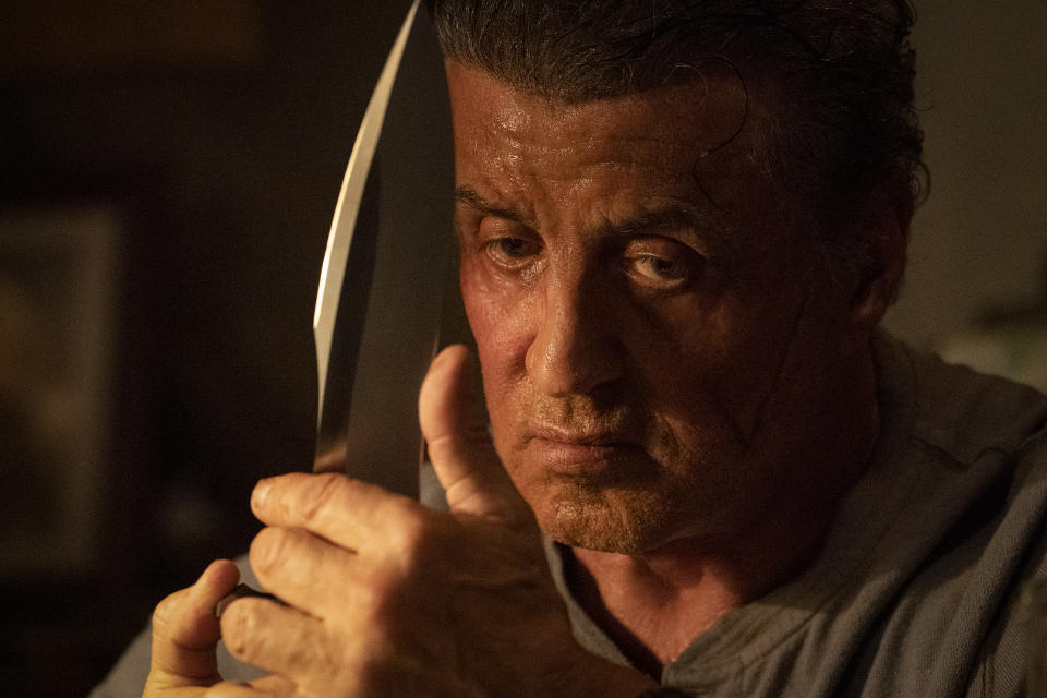 This image released by Lionsgate shows Sylvester Stallone as John Rambo in a scene from "Rambo: Last Blood." (Yana Blajeva/Lionsgate via AP)