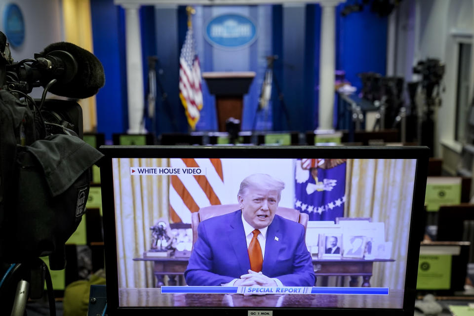 WASHINGTON, DC - JANUARY 13: A television monitor in the White House Press Briefing Room displays a recorded address by U.S. President Donald Trump after the U.S. House of Representatives voted to impeach him on January 13, 2021 in Washington, DC. President Trump is the first president in United States history to face impeachment twice. (Photo by Drew Angerer/Getty Images)