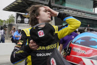 Colton Herta looks at the speed chart during qualifications for the Indianapolis 500 auto race at Indianapolis Motor Speedway, Saturday, May 22, 2021, in Indianapolis. (AP Photo/Darron Cummings)