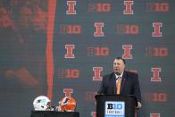 Illinois head coach Bret Bielema talks to reporters during an NCAA college football news conference at the Big Ten Conference media days, at Lucas Oil Stadium, Wednesday, July 27, 2022, in Indianapolis. (AP Photo/Darron Cummings)