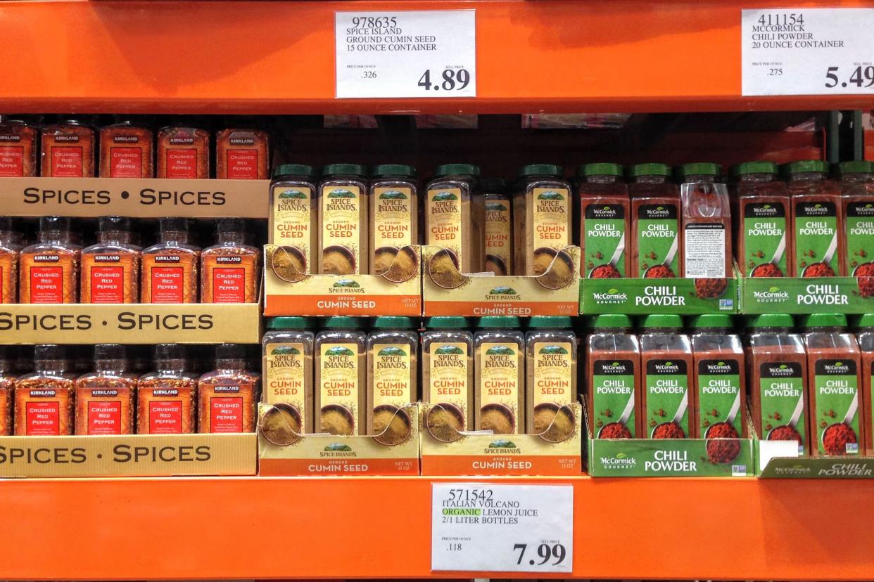 Shelf stocked with spices at Costco