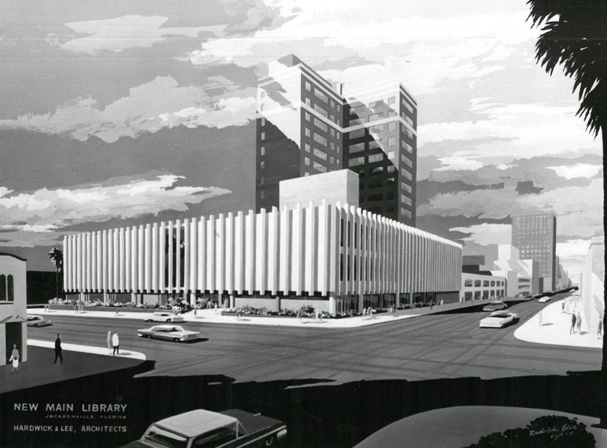 A rendering from the early 1960s shows architect Taylor Hardwick's proposed main library building for Jacksonville. Named the Haydon Burns Library, it would open in 1965 to raves and pans. With its bright tiles and 88 exterior fins, it was, to be sure, like no other government building in the city.