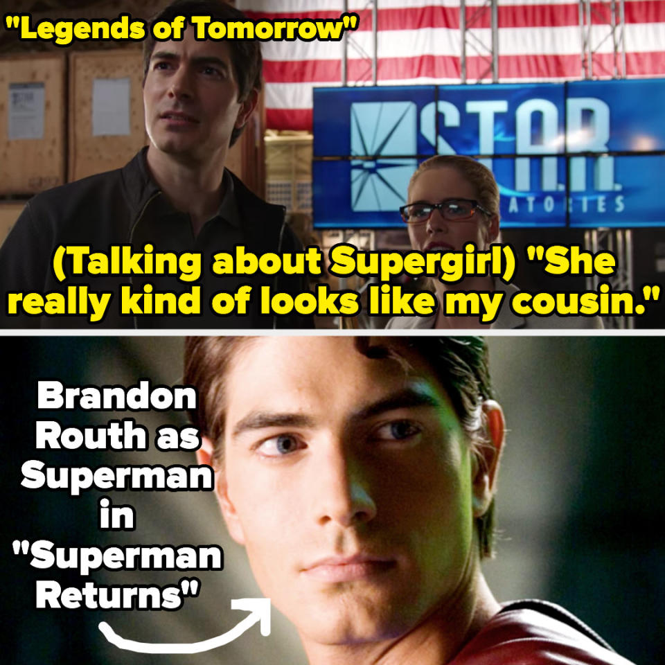 Ray saying "she really kind of looks like my cousin" about supergirl on legends of tomorrow, then a picture of him as superman in Superman returns