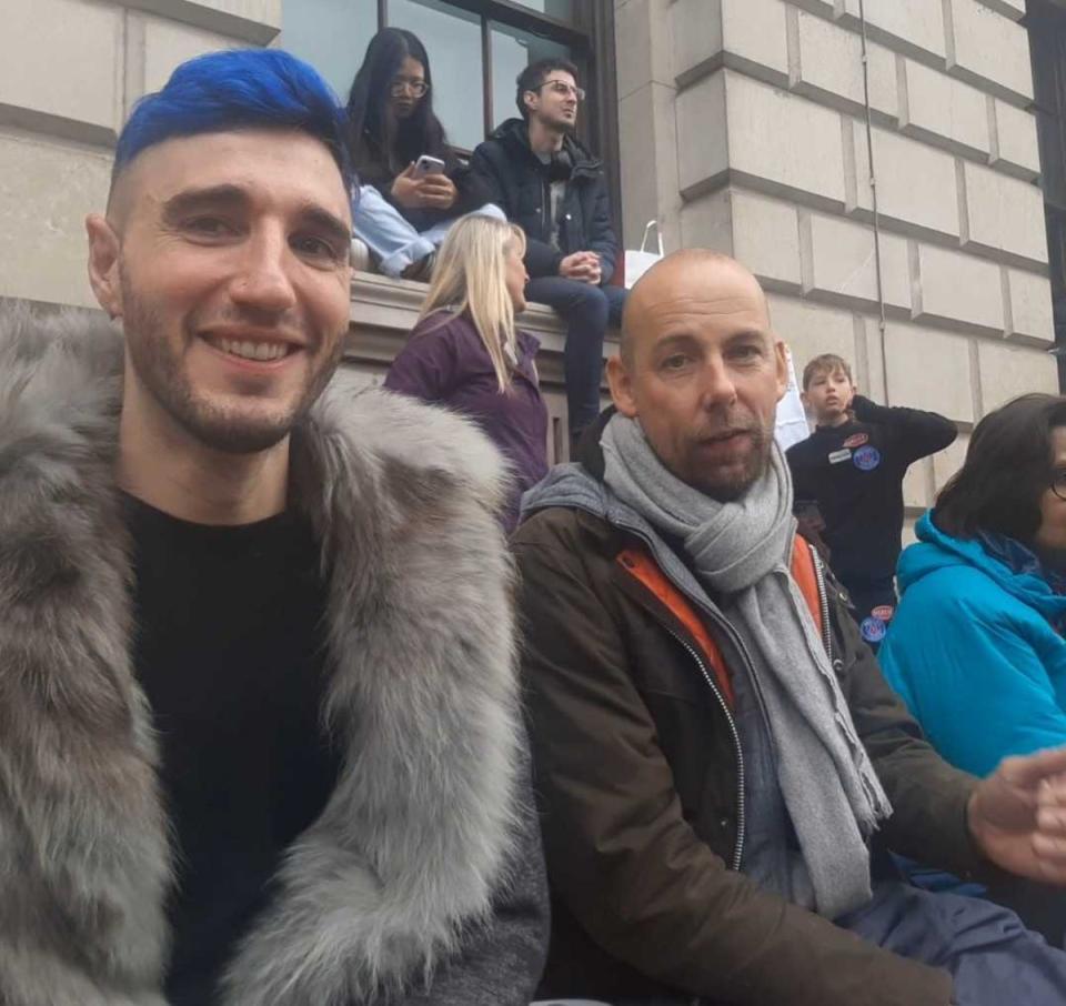 Francis Campbell and Ian Rees stayed overnight in Parliament Square to get a good spot (Zoe Tidman / The Independent)